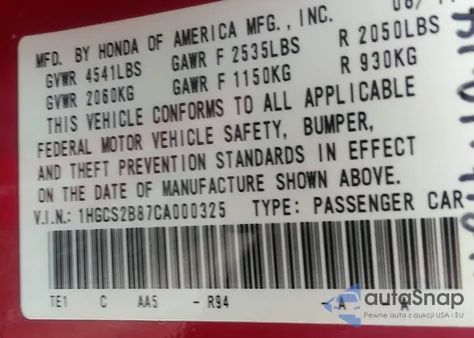 2012 Honda Accord 3.5 Ex-L z USA, uszkodzony, nr VIN 1HGCS2B87CA000325